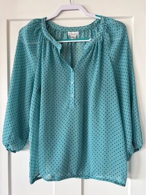 Liz Claiborne Turquoise Polka Dot Blouse Size M 3/4 Sleeve